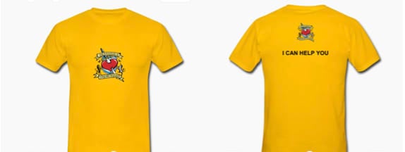 Images showing the front and back of a bright yellow t-shirt with the D&D logo, and the text I can help you printed on it
